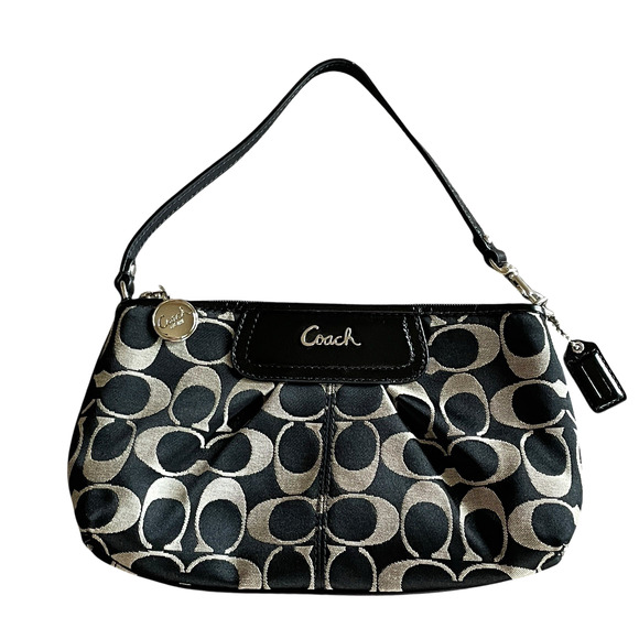 COACH Signature Black Leather Pleated Canvas Top Zip Wristlet Bag Logo Hang Tag - Picture 10 of 10